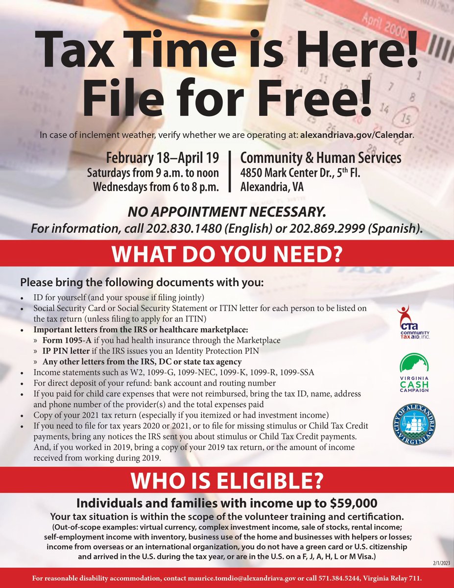 AlexandriaVAGov on Twitter "FREE tax preparation is available for