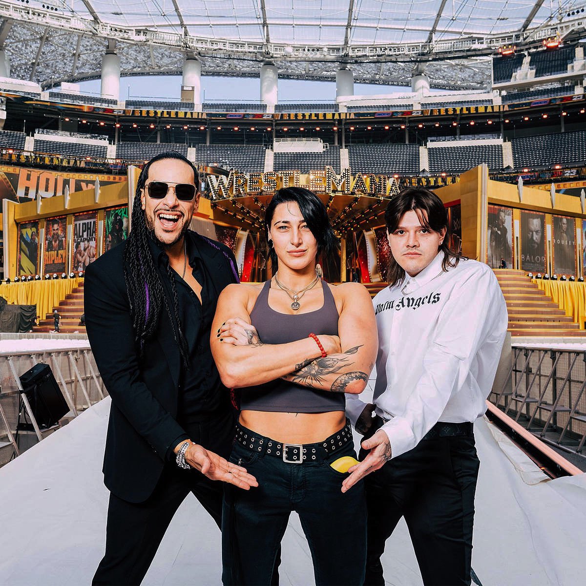 RheaRipley_WWE's tweet photo. D-Generation Judgment #SuckIt ⚖️

Yes that’s a banana in my pocket, and no I am not happy to see you 🍌
#WrestleMania https://t.co/LDZ4xWPra0