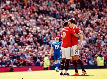 Anthony Martial and Harry Maguire embrace after United beat Everton 2-0 at Old Trafford.