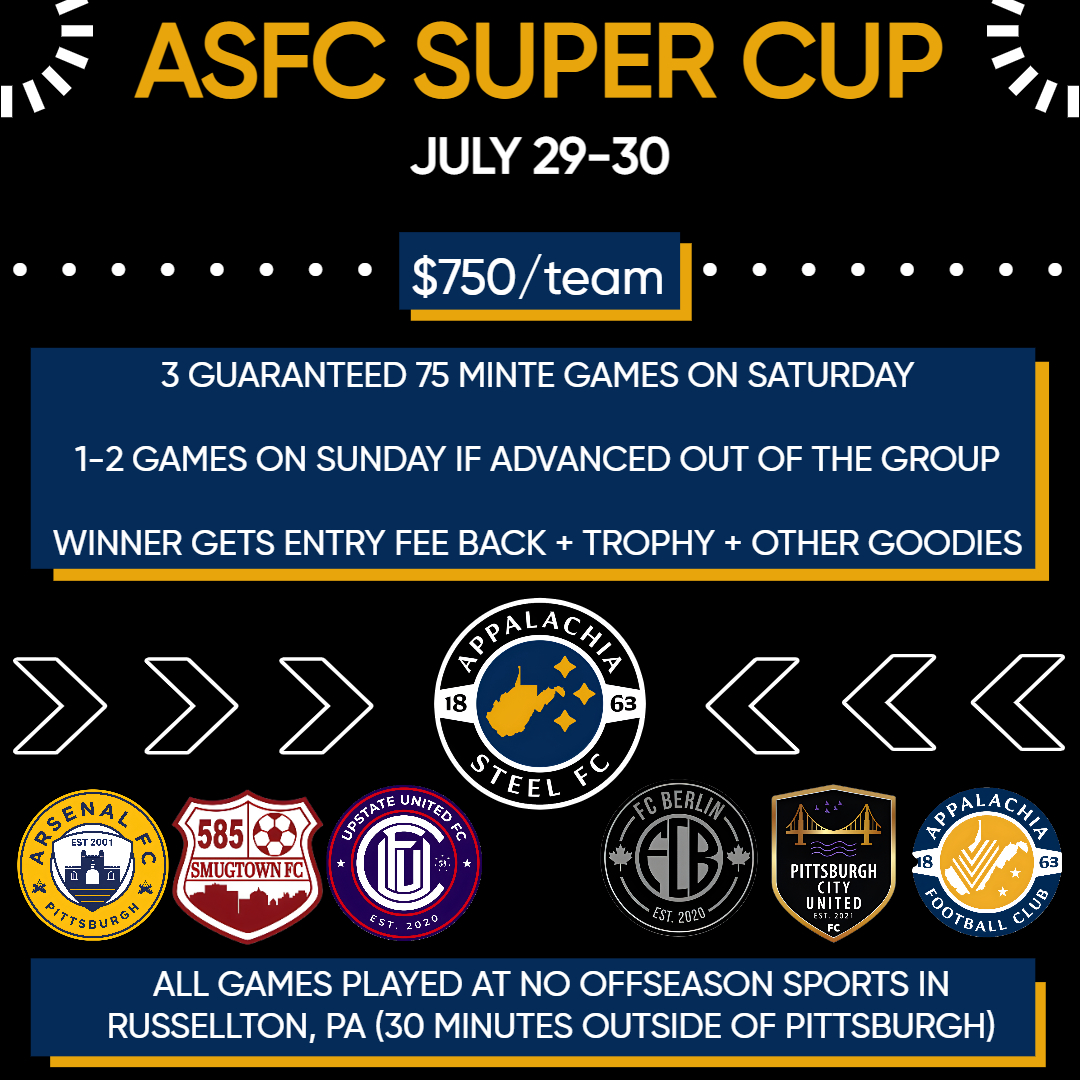 ASFC63's tweet image. We are still looking for a final team to enter the Super Cup this year located just outside of Pittsburgh, PA! 1st come 1st serve!

-July 29-30
-$750 Entry Fee
-2 Groups (A &amp;amp; B)
-3 guaranteed games in each Group
-$750 in prize money &amp;amp; trophy for winner
-Restaurant &amp;amp; Bar on site