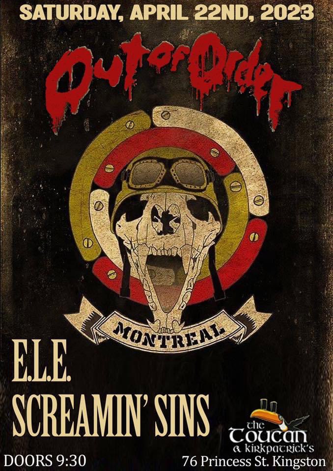screaminsins's tweet photo. Coming up soon! Saturday, April 22nd @TheToucanPub with E.L.E and Out Of Order https://t.co/0nhZf1oYAu
