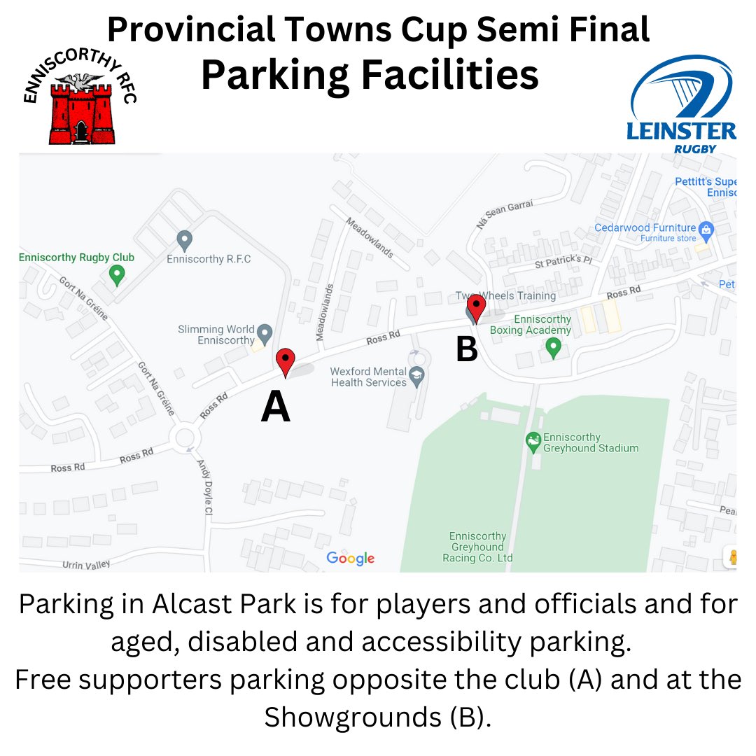 Tomorrow the club hosts the PTC cup semi final derby between @carlowrugby and @TullowRFC. Please see parking details for supporters travelling.