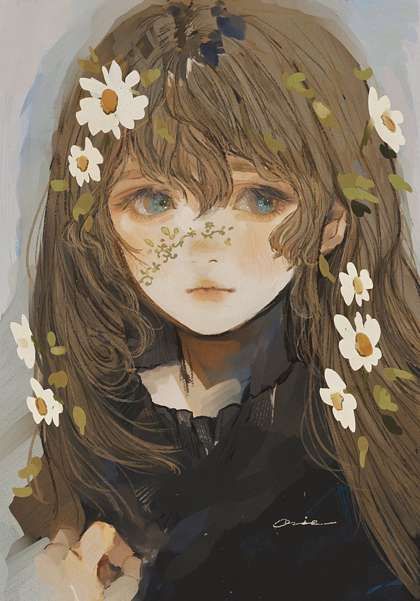 1girl solo flower long hair brown hair white flower hair flower  illustration images