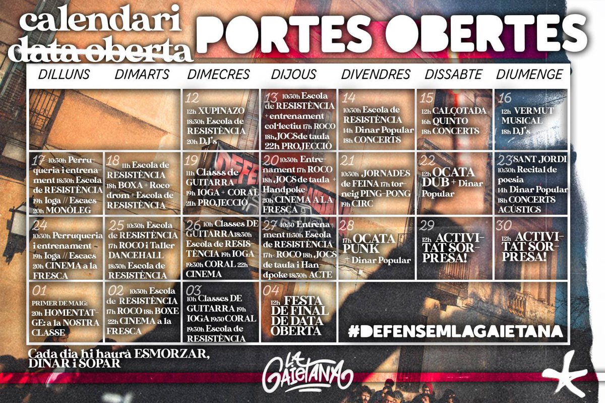 ❤️‍🔥 La Gaietana en #ResistènciaOberta

Per tal d’aturar la data oberta la omplim de cultura, activitats i lluita!

Del 12 d’abril al 5 de maig, #DefensemLaGaietana