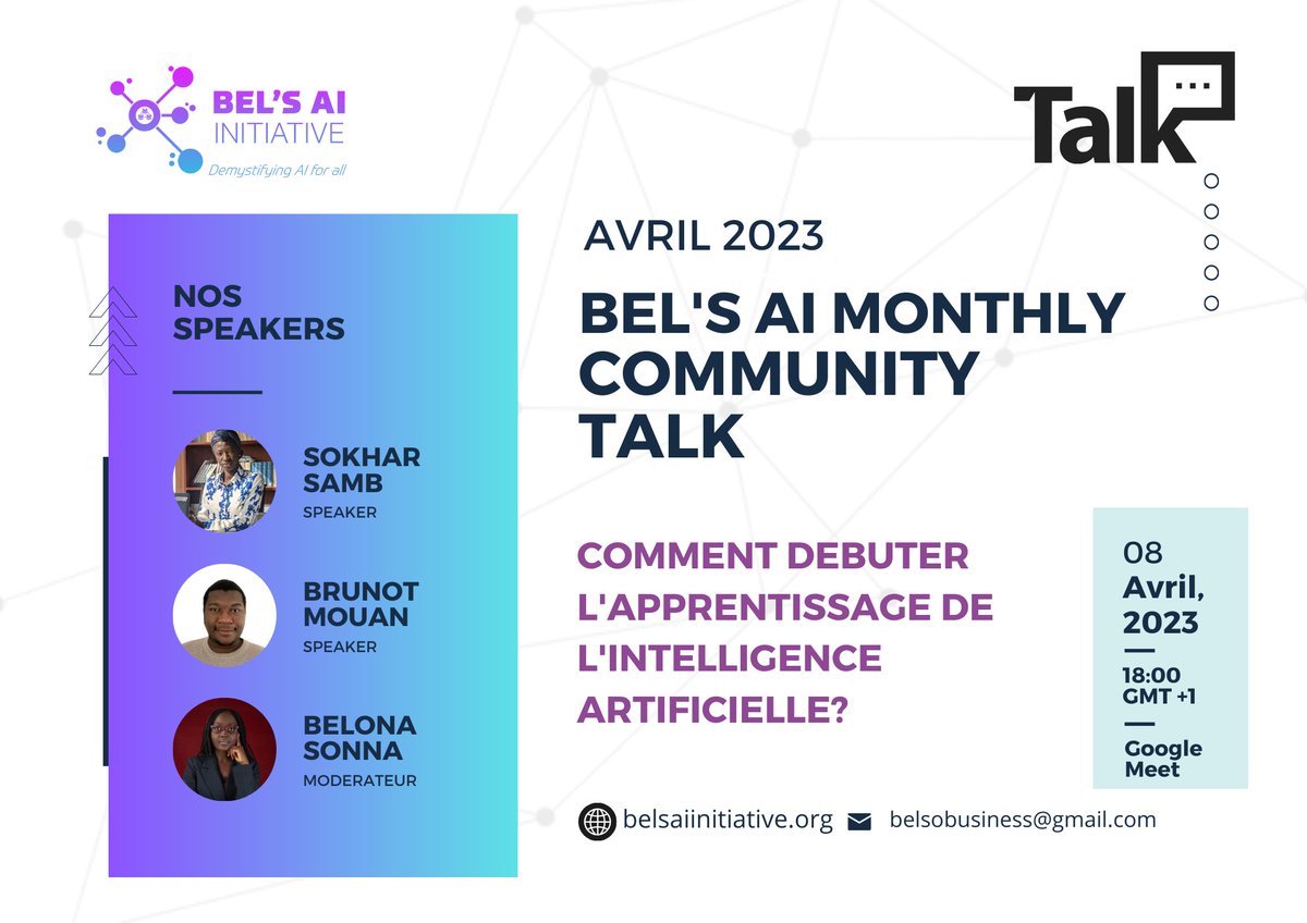 Nous sommes ravis de commencer le BEL'S AI MONTHLY TALK avec le thème "Comment débuter l'apprentissage de l'intelligence artificielle".
Rejoindre notre communauté via le lien suivant : chat.whatsapp.com/FMB51TZr5Pz41N…
#DemystifyingAIForAll
#belsaiInitiative
#AIinCameroon
#AIforHumanity