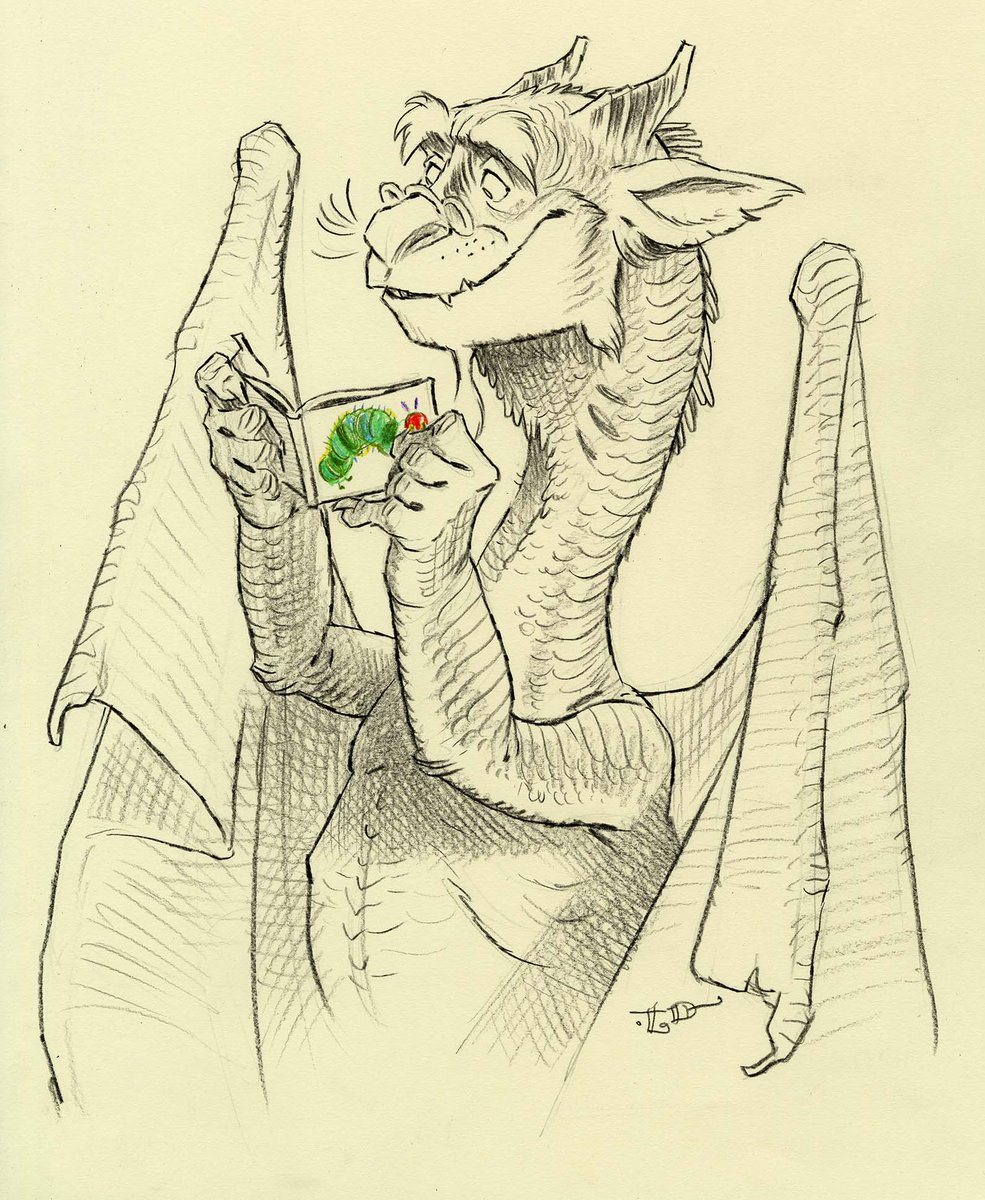 TonyDiTerlizzi's tweet photo. Sketchbook Saturday: Grahame, the dragon, reading Eric Carle's "The Very Hungry Caterpillar", 2020.🐛🐉 https://t.co/uT3T0EgjTX