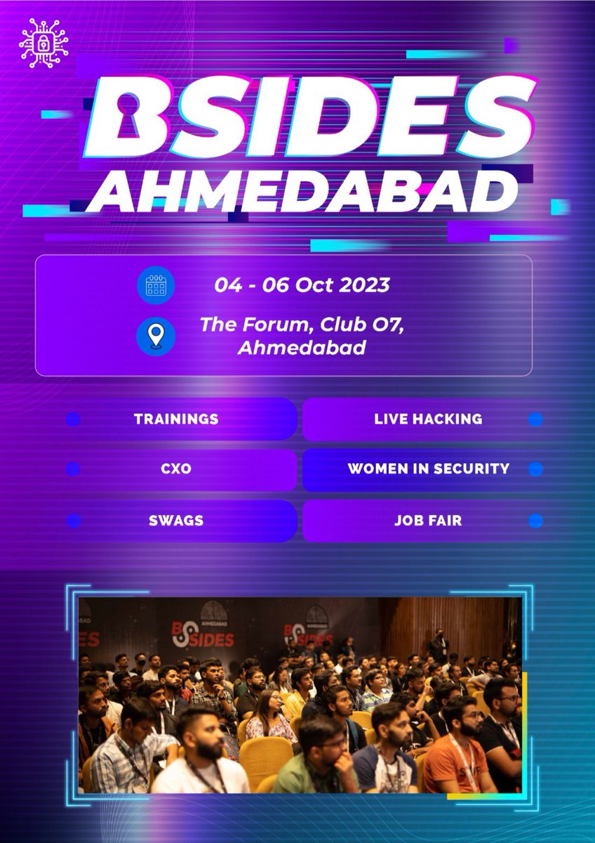 Are you ready to take your hacking skills to the next level? 

We're excited to announce that Bsides Ahmedabad Conference 2023 is coming soon! 

Join us on October 04-06 in Ahmedabad, India for three action-packed days of trainings , Live Hacking event, and networking with the