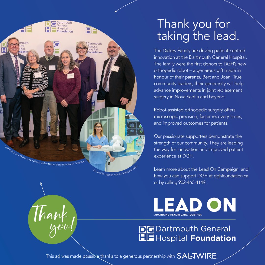 DGHfoundation's tweet photo. Check out our celebration of the Dickey family in the Chronicle Herald today. Their gift to the Lead On Campaign creates a legacy for their parents, Bert and Joan Dickey, and advances Orthopedic Innovation in Nova Scotia.  #DGHLeadsOn https://t.co/R4z6MHERUz