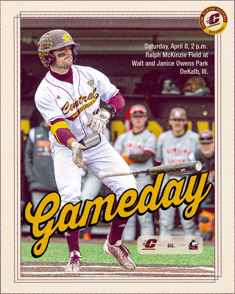 CMUBaseball's tweet photo. 🗣GAME DAY‼️

🆚 NIU
⏰ 2 p.m.
🏟️ Ralph McKinzie Field at Walt and Janice Owens Park
📍 DeKalb, Ill. 
📊 https://t.co/kxhYZTxAzn
📺 https://t.co/Zg0FLTISkH (Huskies All-Access)
📻 https://t.co/Y0S9CkYbDe

#FireUpChips🔥⬆️⚾️ https://t.co/7xgVBX8hhD