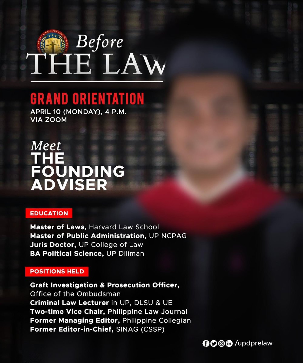 updprelaw's tweet photo. Less than two days left! 👀

Meet our founding adviser and learn how you can be a member of our society at the Grand Orientation this Monday, April 10 at 4:00 p.m.

Interested applicants may register here:
https://t.co/iCHKAkxmvP
https://t.co/iCHKAkxmvP
https://t.co/iCHKAkxmvP https://t.co/Zbku66l6Qt