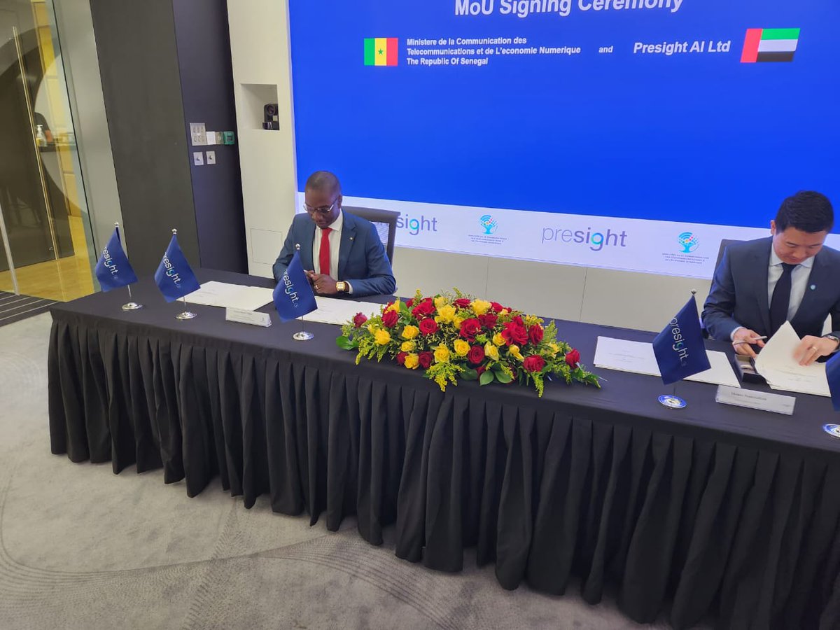 MaitreMBT's tweet photo. Signature du Mémorandum Of Understanding (MOU ) à Dubai, avec la société du Fonds Émirates PRESIGHT Artificial intellengency pour la réalisation de l'identité numérique, de l'adressage numérique et de la digitalisation des taxes.
#SEMMACKYSALL
#PSE
#MCTEN
#SN2025 https://t.co/bLMf24K5mQ