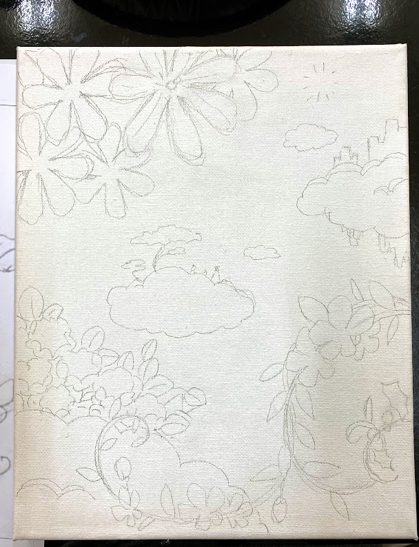 張りキャンバスに下絵 続き