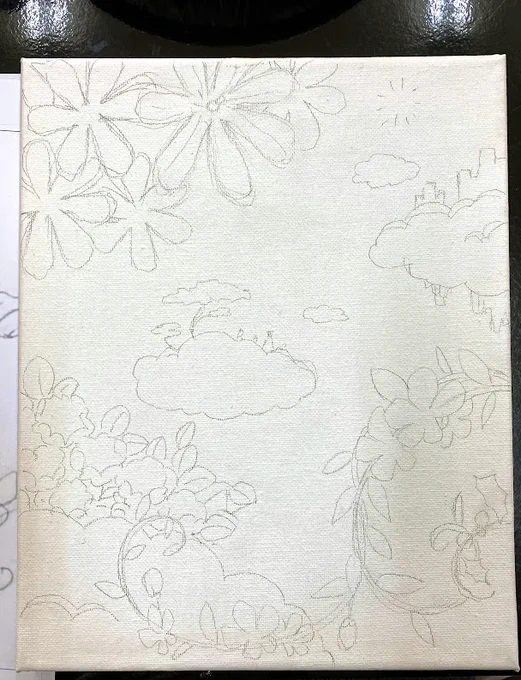 張りキャンバスに下絵 続き
