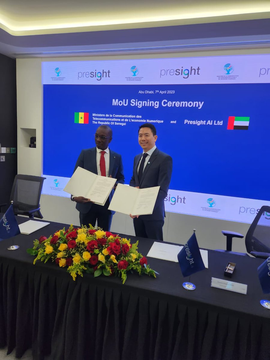 MaitreMBT's tweet photo. Signature du Mémorandum Of Understanding (MOU ) à Dubai, avec la société du Fonds Émirates PRESIGHT Artificial intellengency pour la réalisation de l'identité numérique, de l'adressage numérique et de la digitalisation des taxes.
#SEMMACKYSALL
#PSE
#MCTEN
#SN2025 https://t.co/bLMf24K5mQ