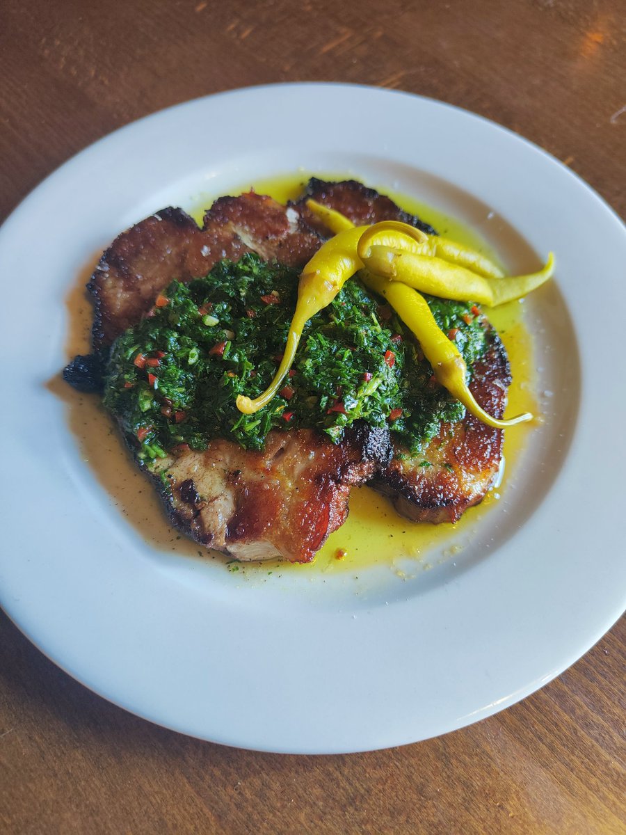 Braised pork neck with chimichurri and guindilla chillies - on special from 5pm today