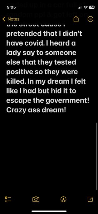 Man I had the craziest dream! I always put it in my notes immediately or I&rsquo;ll forget 😆 woke up like damn<a href="/tag/dreams"class="tags"><span>#dreams</span></a><a href="/tag/luciddreams"class="tags"><span>#luciddreams</span></a><a href="/tag/nsanejane"class="tags"><span>#nsanejane</span></a>
