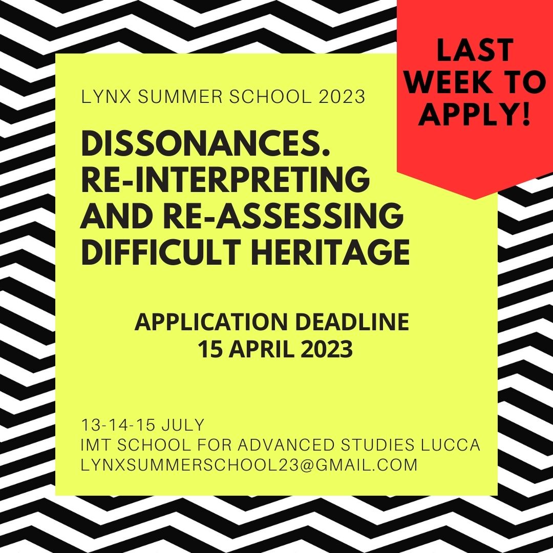 lynxlucca's tweet photo. Last week to apply to the LYNX Summer School (13-14-15 July 2023) that explores the various meanings of difficult heritage through an interdisciplinary approach and a focus on case-studies. 
💥Application deadline 15 April💥
For more info: https://t.co/1DtLBCqDiD https://t.co/6dJS3y7pmz