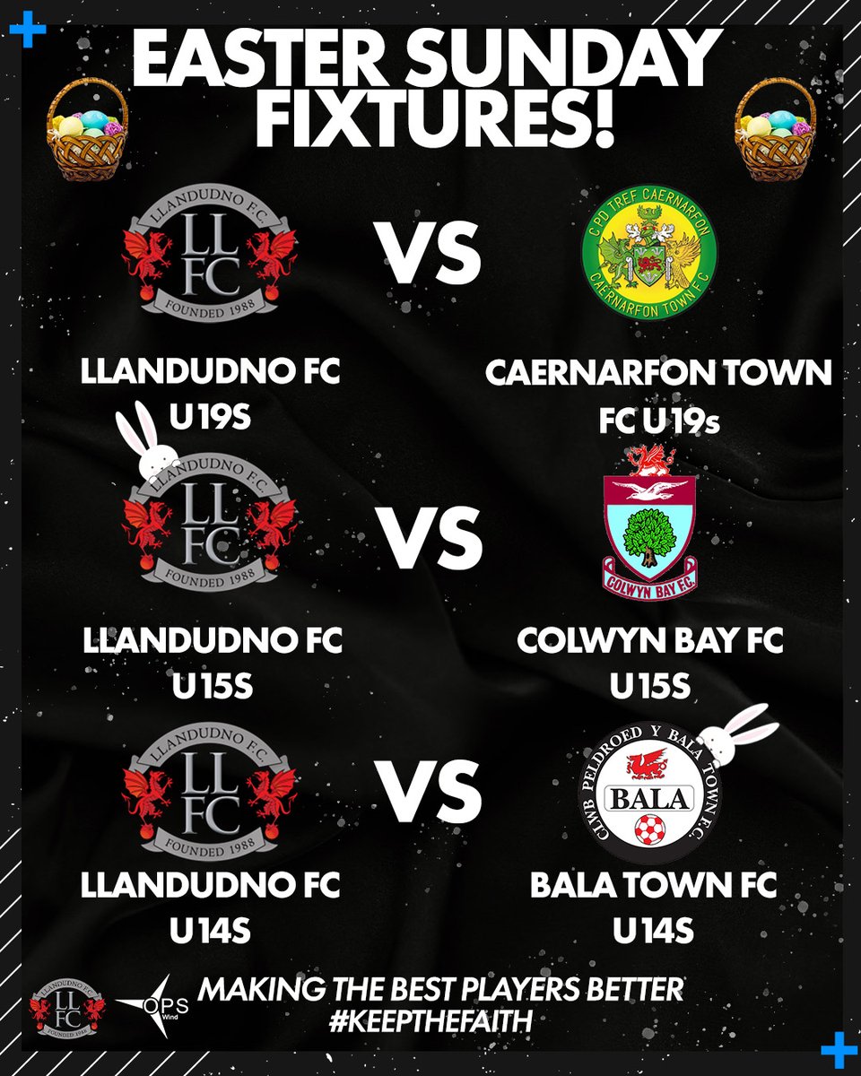 LLFCAcademy's tweet photo. ⚽🐰EASTER SUNDAY FIXTURES🐰⚽

This week the action continues on Easter Sunday!

The U19s face Caernarfon Town at Nantporth, whilst there's a local derby for our U15s and the U14s travel to Bala!

Good Luck Everyone!

#llandudno #llandudnofc #academy #KeepTheFaith https://t.co/1CQcEBXv2y