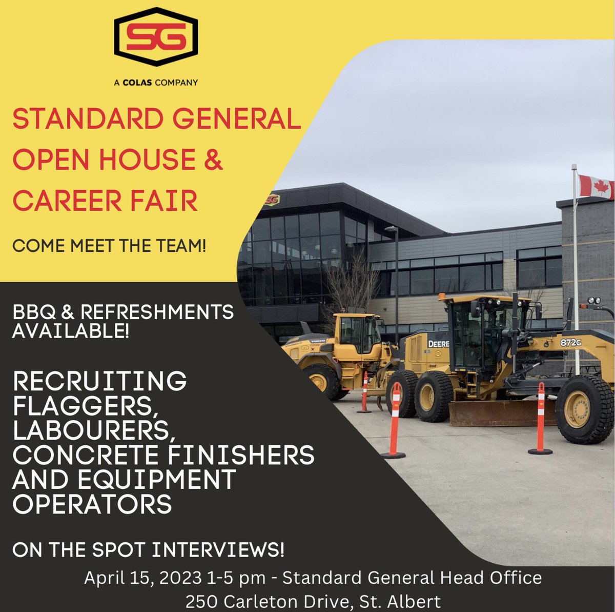 SGEdmonton's tweet photo. See you at our open house next Saturday, April 15, 2023
#standardgeneral #Edmonton #colas #canada #sgjobs #colasjobs #canadajobs #constructionworker #constructioncompany #jobs #recruitment #jobsearch #hiringnow #hiring #edmontonjobs #apply #yegjobs #career #jobopportunities https://t.co/yD6123886x