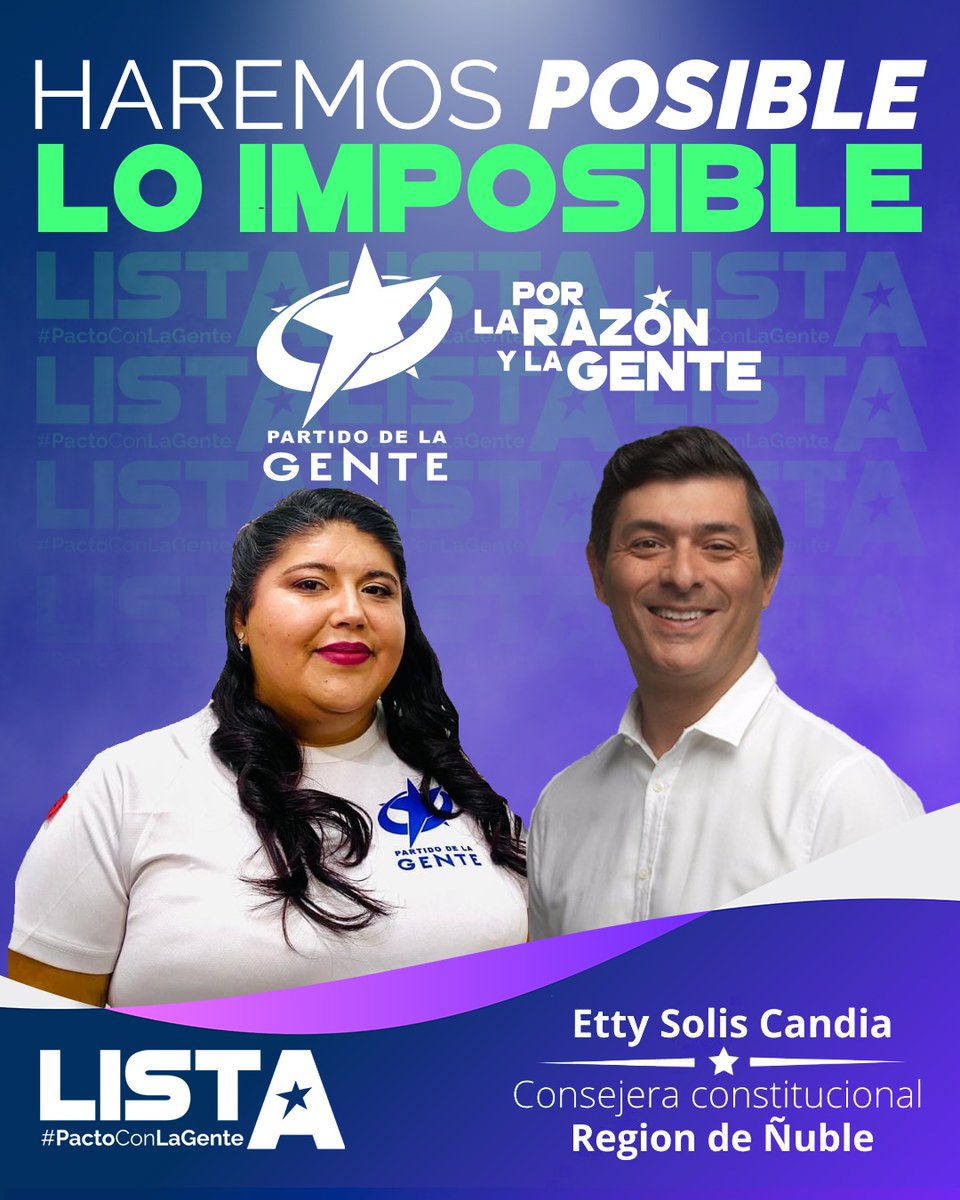 Para el PDG no hay imposibles porque saben lo que es vivir como gente de clase media ya que son de la clase media.
Este 7 de mayo vota por la lista A del #Partidodelagente 
Vota x Etty Solís Candia candidata al consejo constitucional x Ñuble lista A-1
#Haremosposibleloimposible