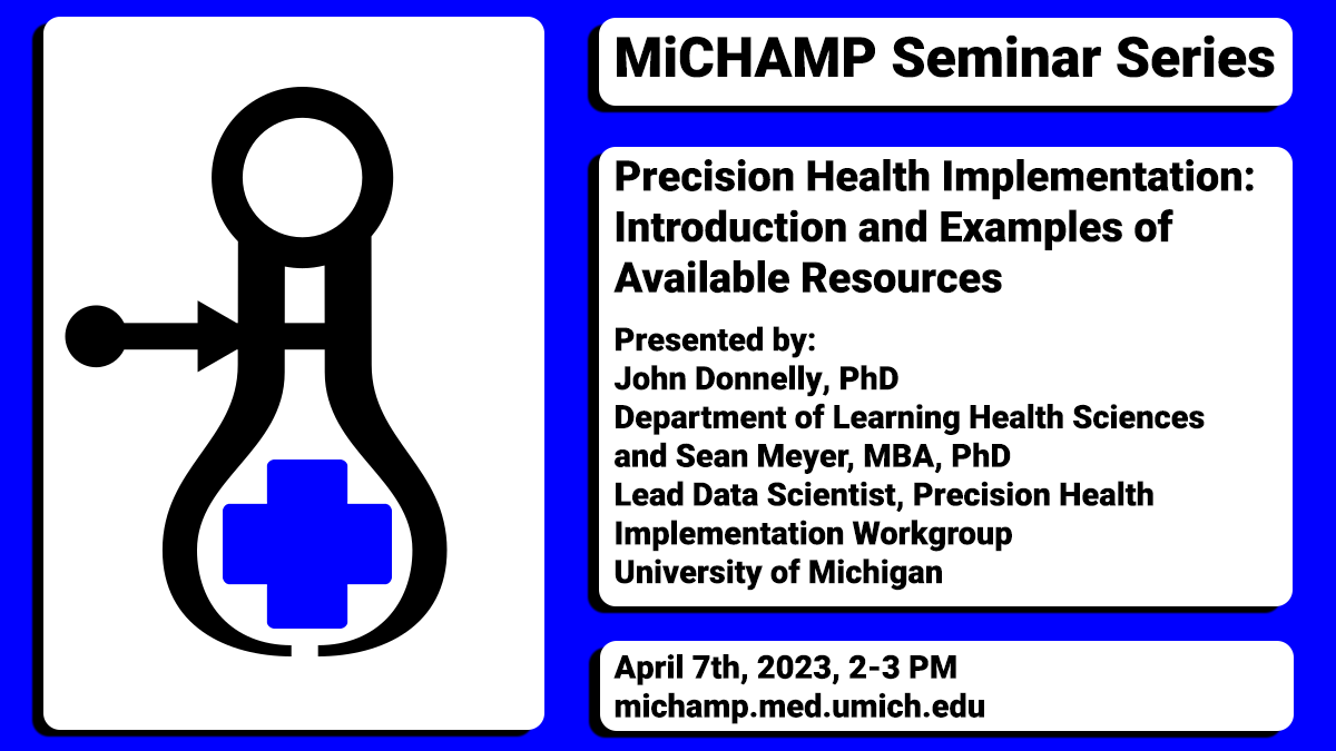 Michael Mathis (@michael__mathis) on Twitter photo Great <a href="/UM_MiCHAMP/">UM-MiCHAMP</a> talk w/ <a href="/jpdonnepi/">John Donnelly</a> describing the <a href="/UMich/">University of Michigan</a>
precisionhealth.umich.edu Data-to-implementation framework. With pre-developed processes for stakeholder engagement & EHR embedding of analytics, the research --> practice gap *might* now be <17 years at <a href="/umichmedicine/">Michigan Medicine</a> ;-D Great <a href="/UM_MiCHAMP/">UM-MiCHAMP</a> talk w/ <a href="/jpdonnepi/">John Donnelly</a> describing the <a href="/UMich/">University of Michigan</a>
precisionhealth.umich.edu Data-to-implementation framework. With pre-developed processes for stakeholder engagement & EHR embedding of analytics, the research --> practice gap *might* now be <17 years at <a href="/umichmedicine/">Michigan Medicine</a> ;-D