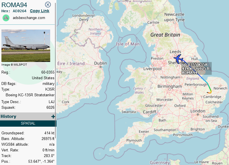 SirListenalot's tweet photo. #KC135 #AE0264 as #ROMA94 out of Mildenhall in order to support three #F22's #TREND41-43. #TREND44-46 rtb Langley ~1150z, probably because of a broken #KC135 at Bangor. So nine #Raptor's only today https://t.co/hJu5x7jTpj
