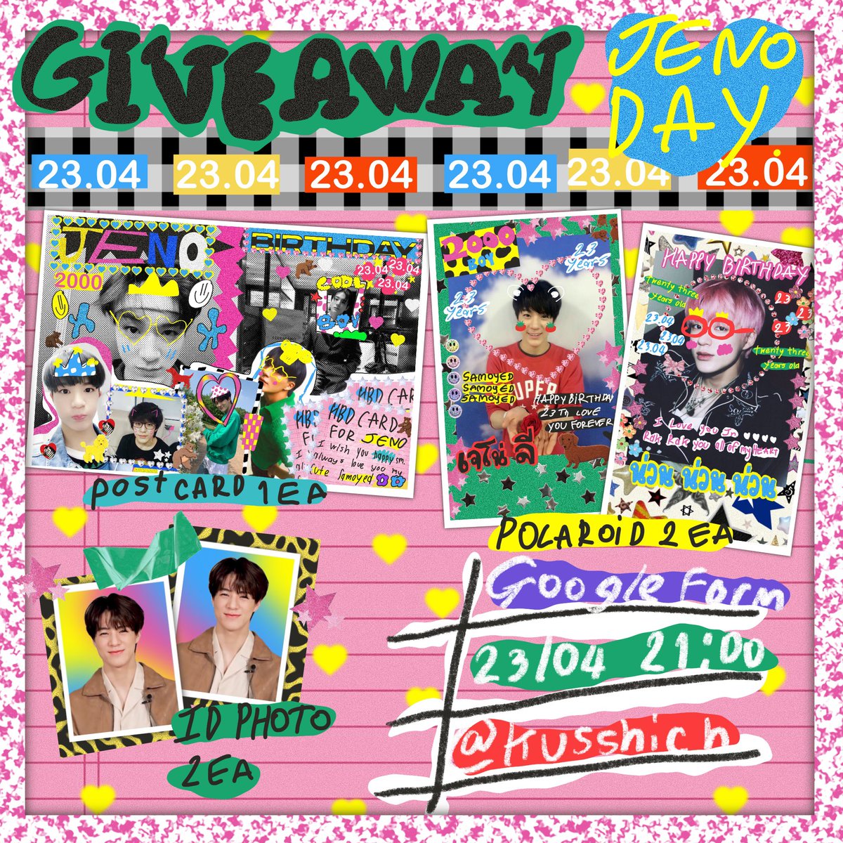 kusshich's tweet photo. pls kindly rt 🐕‍🦺💕🐕‍🦺💕🐕‍🦺💕🐕‍🦺💕!
give away jeno birthday 
gg form 23/04 time 21:00 
postcard 6*4  1 ea 
polaroid 2ea
id photo 2 ea 
( อยากให้แท็กเรียกบอกได้นะคะ ) 
#HAPPYJENODAY https://t.co/dUEAuWSbG4