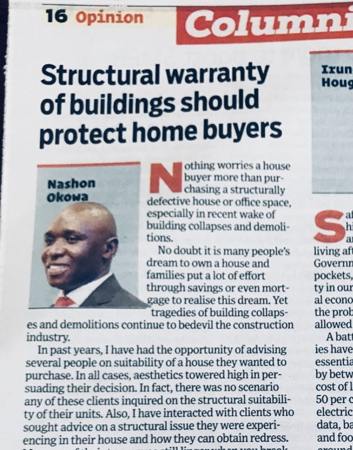OkowaNashon's tweet photo. THE THINDIGUA sinking building drew me back to an article I wrote nearly 5years ago. We need to have a legislation that provides for mandatory warranty for all new buildings. 

In several advanced countries, insurance has been the answer to this uncertainty. In the UK for example, there is an insurance policy in existence for some time now called structural warranty or new home warranty. 

This warranty provides building owners with ten years of protection from latent defects' to the structure. It is usually bought by the developer but the warranty itself will provide cover for the person who purchases the completed building.