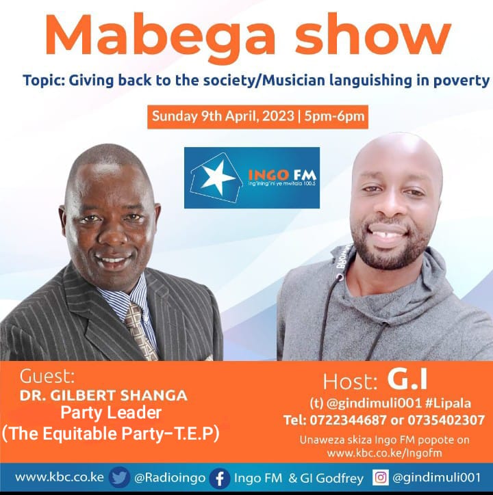 TEP_KE's tweet photo. The Party Leader Dr. Gilbert Shanga will be on Ingo FM on Sunday 9th 2023 at 5pm-6pm. Tune in to hear the latest on TEP, the current state of the nation, giving back to the society/musicians languishing in poverty. #Tusawazishe. https://t.co/hR5svmk4qR