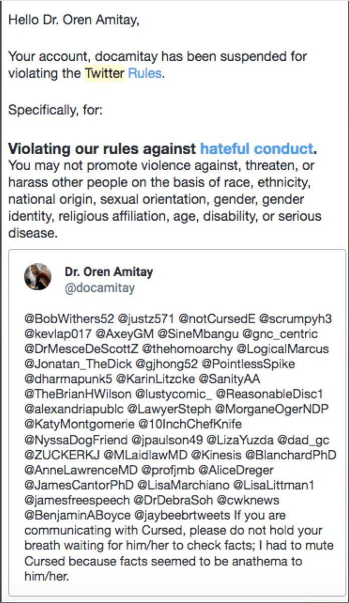 docamitay's tweet photo. After a several-years' ridiculous ban (please see attached pic) and countless exhortations to Twitter to do the right thing, they finally did. #cancelled (no more) https://t.co/lwdxFBflUa