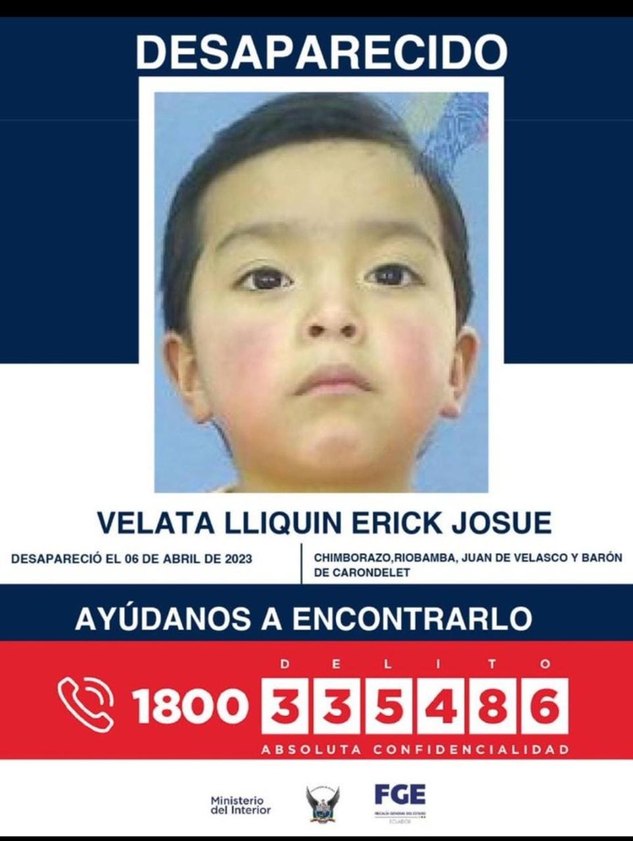 PoliciaEcuador's tweet photo. AYÚDANOS A ENCONTRARLO

A Erick Josué Velata Lliquin, reportado como desaparecido desde el 6  de abril del 2023, en Riobamba #Chimborazo.  

Si tienes información comunícate al 1800 DELITO (335486) https://t.co/UuQTgt6oCN