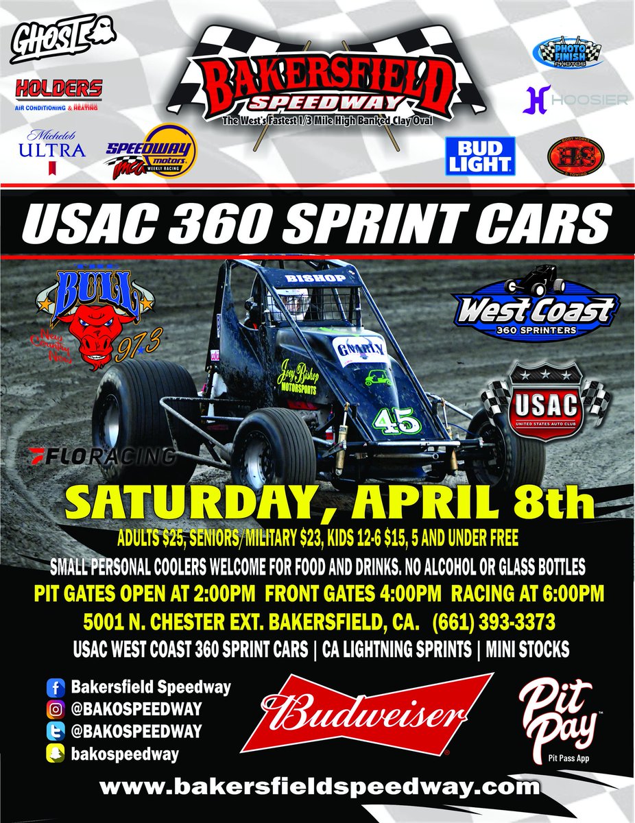 USACwc360's tweet photo. IT'S RACE DAY! The USAC West Coast 360 Sprint Cars will open their season at Bakersfield Speedway.  #usac360 #usacnation #usac #usacracing #usacwestcoast #usacsprintcar #usacWC360 #sprintcar #360sprintcar #sprintcars #racing #bakersfieldspeedway #seasonopener https://t.co/dbHIpAoQIv