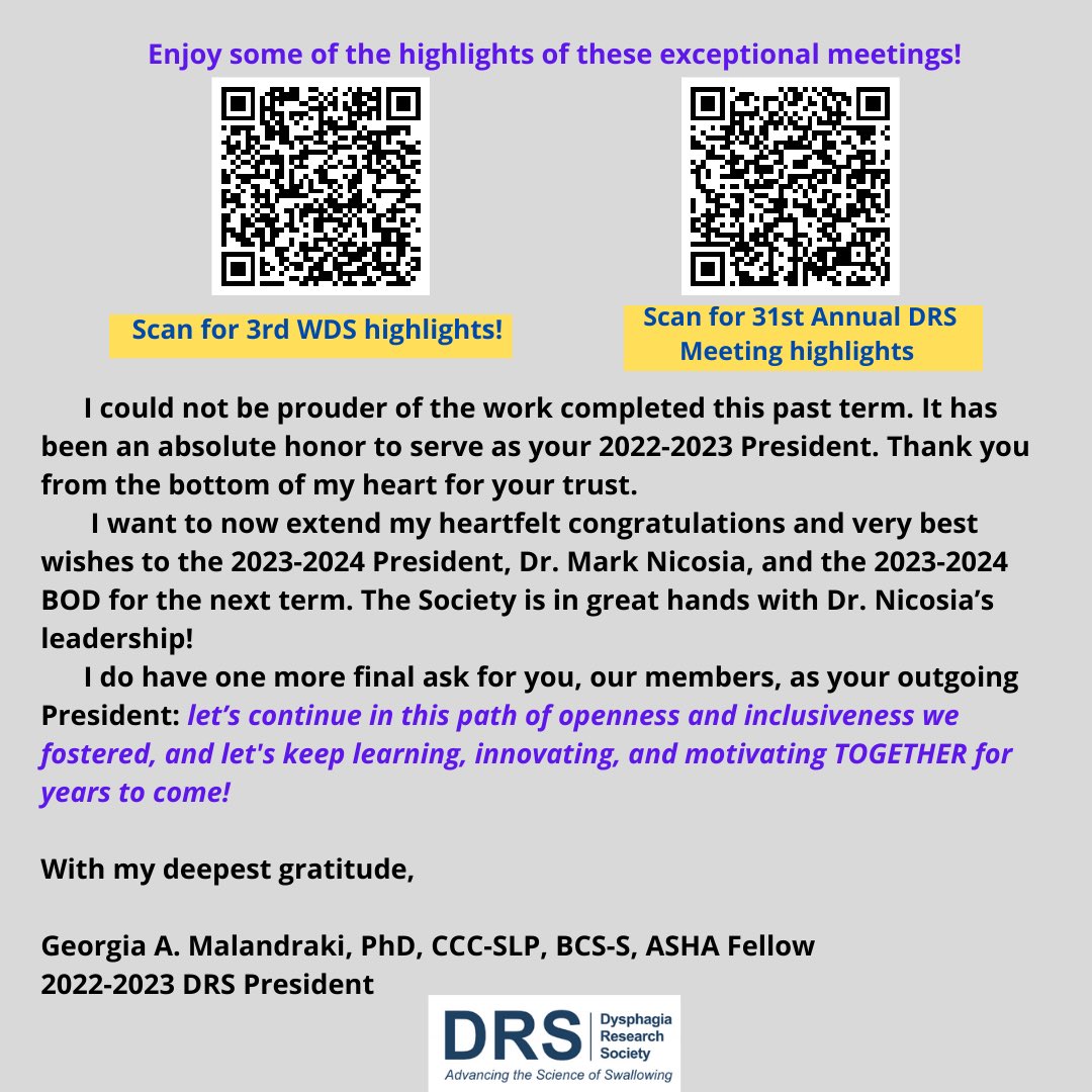 Official_DRS's tweet photo. 2022-2023 DRS President, Dr. Georgia Malandraki @DrMalandraki , says farewell with a touching message, and shares the 2022-2023 term Newsletter and exceptional highlights from both the #3rdwds & #drs2023 meetings! Scan the QR codes on the post below. https://t.co/XVa8yHOyvM