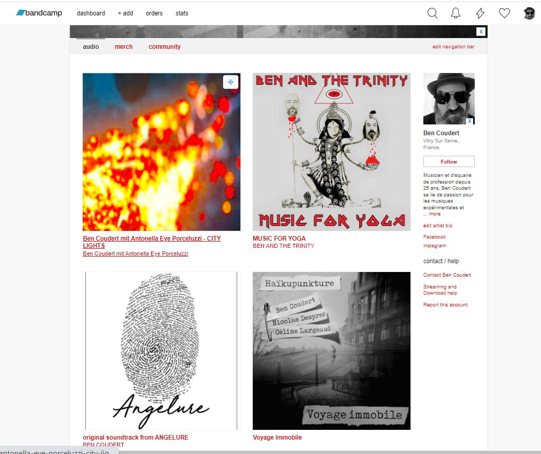 Je viens de mettre à jour ma page bandcamp avec toutes mes sorties musicales depuis 3 ans
N'hésitez pas à aller y faire un tour pour découvrir mes petites musiques en écoute illimitée

bencoudert.bandcamp.com

#experimental #poetry #ambient #krautrock #psychedelicrock
