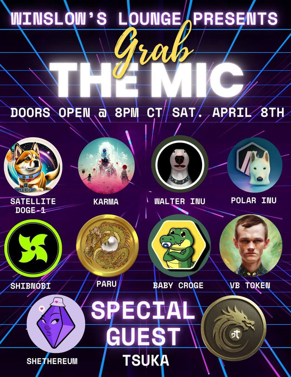 Join us tonight for Grab the Mic where #BabyCroge will be grabbing the mic &amp; hanging out with some of these huge players in the #crypto space! 

Head over to meet us tonight at 8pm CST over at T.me/winslowslounge 🐊 

$BCROGE