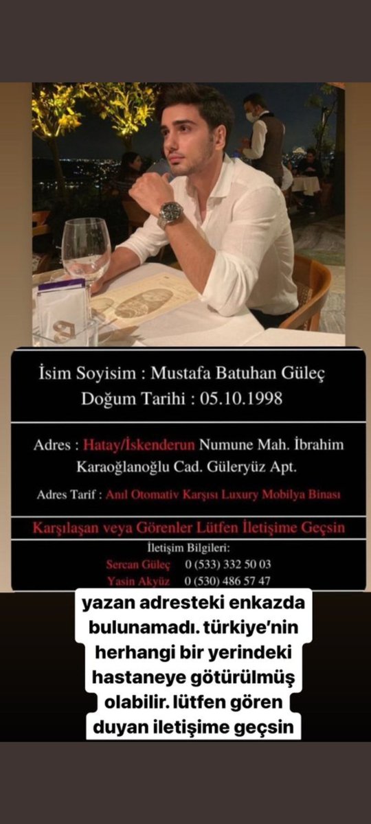 SERDENGET12's tweet photo. Mustafa Batuhan Güleç #Hatay da olan 6 şubat depreminde enkazda yok. Kimsesizler mezarlıklarında yok. Türkiye de gezilip kontrol edilmeyen hastahane kalmadı Hastahanelerde yok. #kayıpcanlarimiznerede
@iletisim
@RTErdogan
@AFADBaskanlik
@saglikbakanligi
@drfahrettinkoca
@BY  .. https://t.co/fiV1yKaHGM