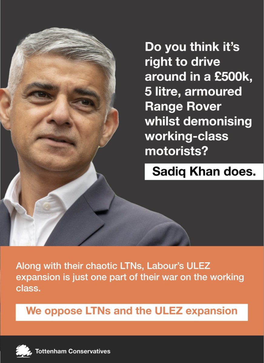 Do you think it’s right that some people should drive around in a £500k, 5 litre armoured Range Rover, while forcing the working class to pay a stealth tax in the name of clean air? Sadiq Khan does #ulez #ULEZExpansion #sacksadiq