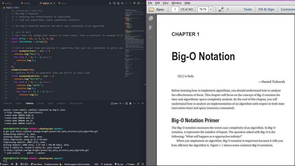 Bub_Bryson's tweet image. Day one on #data_structure and #algorithm with JavaScript.
learnt the Big-O notation with some hands on examples and exercises.
Basically the Big-O can be used to measure the efficiency of an algorithm with respect to time and space.
#javascript @hackSultan #100DaysOfCode