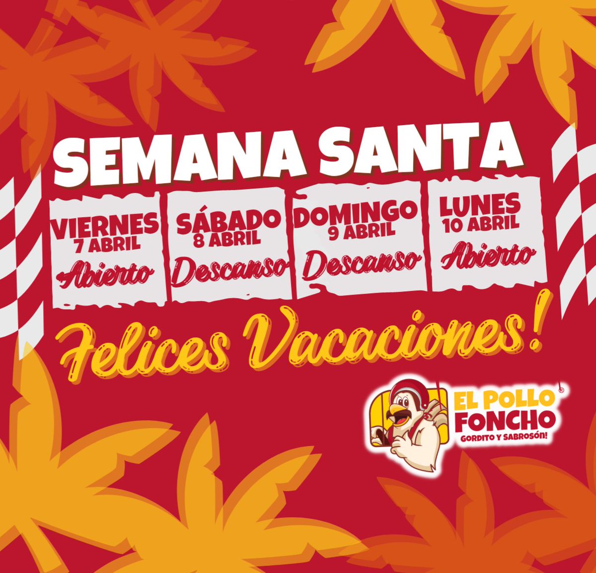 elpollofoncho's tweet photo. Esta #SemanaSanta! ⏰🍗☀️🏝
¡Disfruta tus días de #vacaciones! https://t.co/BuVuD5hevF