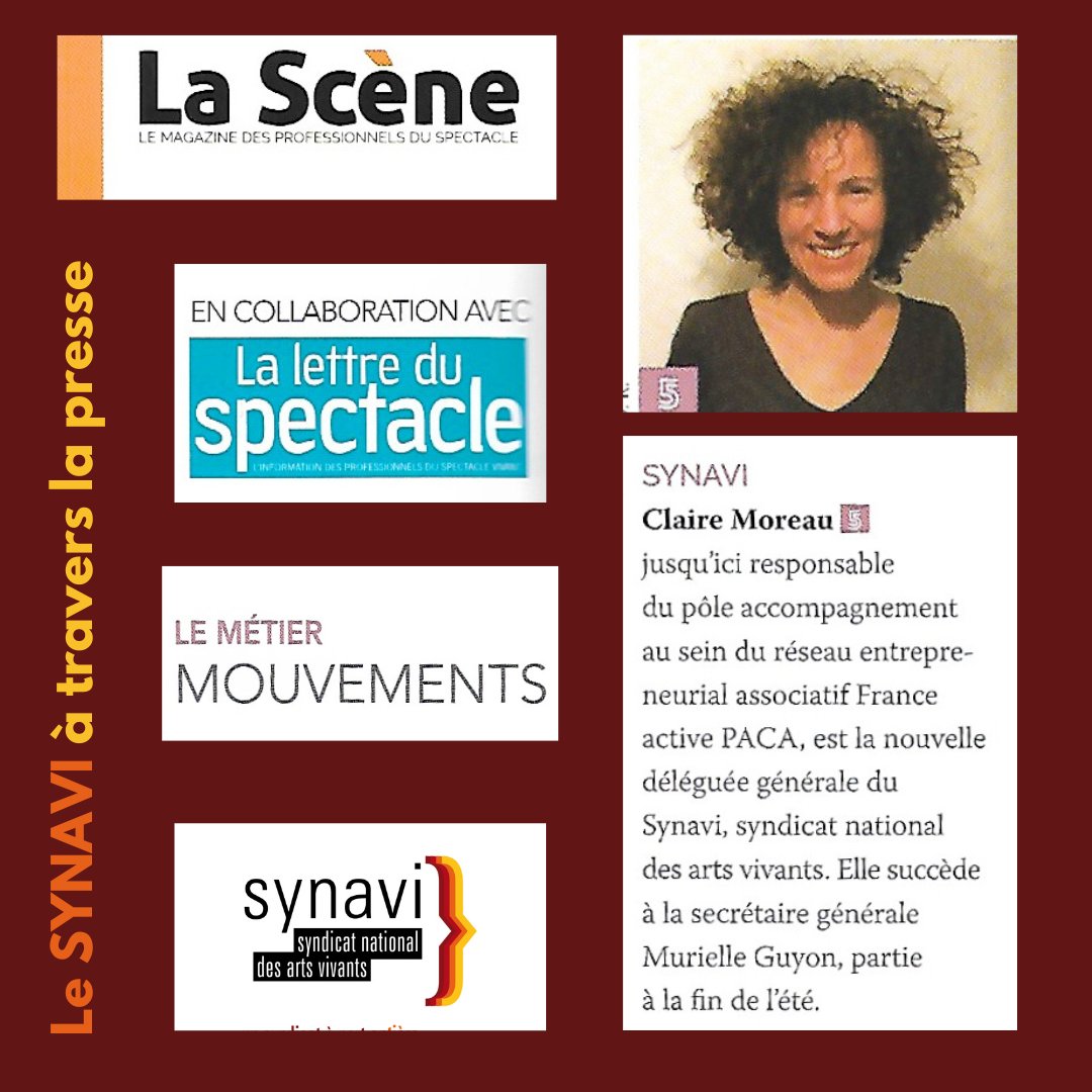 SynaviF's tweet photo. C'est dans La Scène n°108 (Mars-avril-mai 2023).
Claire Moreau est la nouvelle déléguée générale du Synavi - national.

#Synavi #synavinational #lascene #lalettreduspectacle #magazinelascene #rubriquemouvements #clairemoreau #DuNouveau #delegueegenerale https://t.co/aReqRl86PE