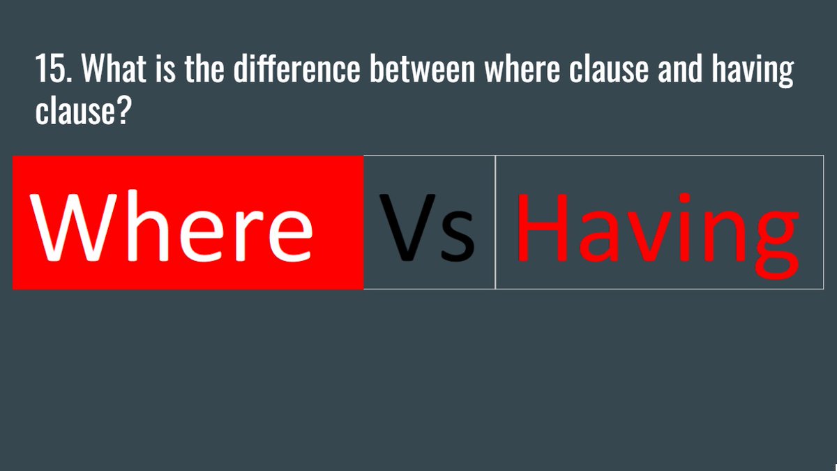 DataMillennials's tweet photo. What is the difference between where clause and having clause?
https://t.co/2XTkSbbEfX
#sqlinterviewquestionsandanswers
#sql
#sqlqueries
#SQLforDataScientist
#LearnSQL
#sqlhaving
#SQLtips
#DataMillennials
#having
#SQLtricks
#SQLwhere
#where https://t.co/zrEviq0Deo