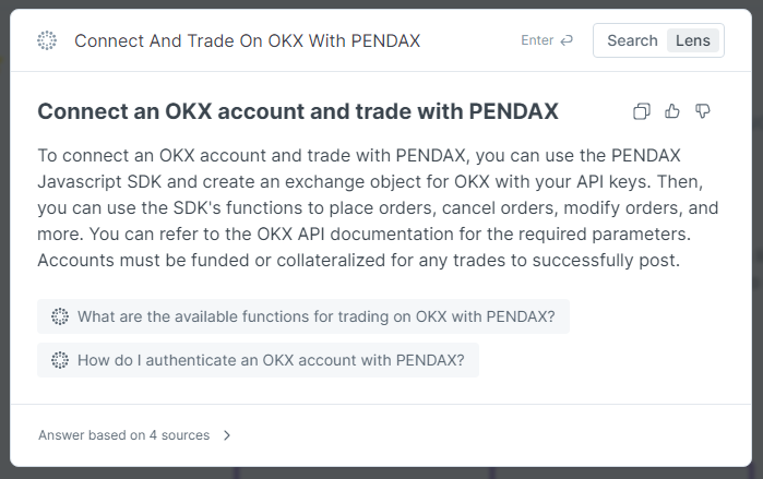 PendaxPro's tweet photo. Artificial Intelligence #AI now makes it easier to find answers to #PENDAX integration questions! 💫

Use the search bar in our docs portal to ask questions and start integrating even faster! 🚀

https://t.co/1PJYbThGUk

#OKX #Javascript #Trading https://t.co/U912qgdeTm