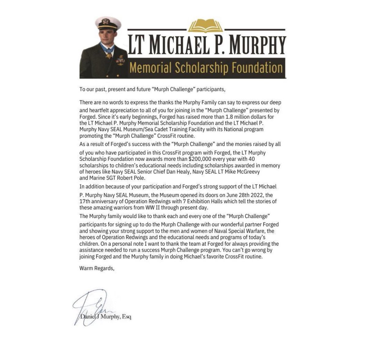 To all those participating in The Murph Challenge 2023, and to all those who haven't yet decided, we wanted to share some words from Dan Murphy about the importance of this Challenge and why your support means so much!