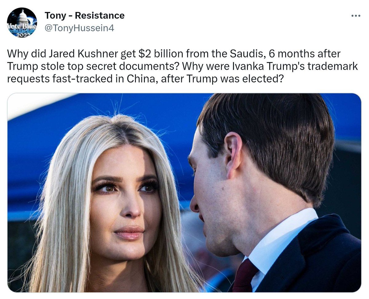 TonyHussein4's tweet photo. Twitter Files are unimportant. Hunter Biden's laptop is irrelevant. Hillary Clinton's emails were a non-issue. The Durham probe reportedly opened a criminal investigation into potential financial crimes involving Donald J. Trump. Jared Kushner got $2 billion from the Saudis. Why? https://t.co/mY8R9VUQR0