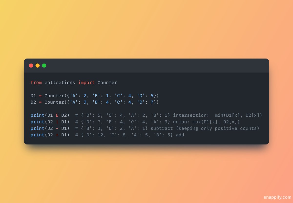 searchsort's tweet image. Counter from the collections module does more than counting! With +|-|&amp;amp; operations available, it&apos;s a powerful data structure. Who knew?  🐍😮. Check the image below for more details 

#PythonTips
#learnpython
#CPython
#pythonprogramming