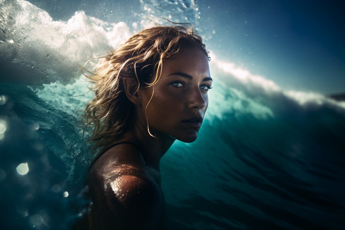 jonny23446's tweet photo. 1/2 A full figure female surfer in a deep red bikini surfing, in sharp focus, the wave swirling around her, in shades of deep blue and green water, with the sun gleaming through the curl of the wave. As shot with a canon 6 d with 17mm lens, on #midjourney #promptengineering https://t.co/f0aRgSreNc