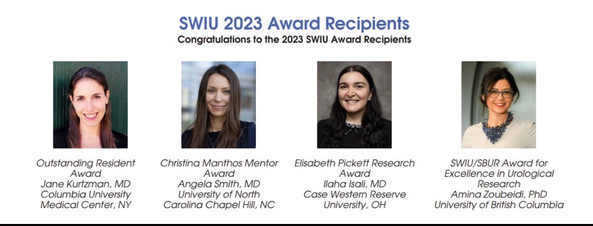 🎉 Congratulations to @SWIUorg awardees 🔹 Outstanding Resident Award @JTKurtzman @ColumbiaUrology 🔹Christina Manthos Mentor Award @angiesmith_uro @UNCurology 🔹Elisabeth Pickett Research Award @IlahaIsali @CaseUrology 🔹Excellence in Urological Research @AminaZoubeidi @UBC