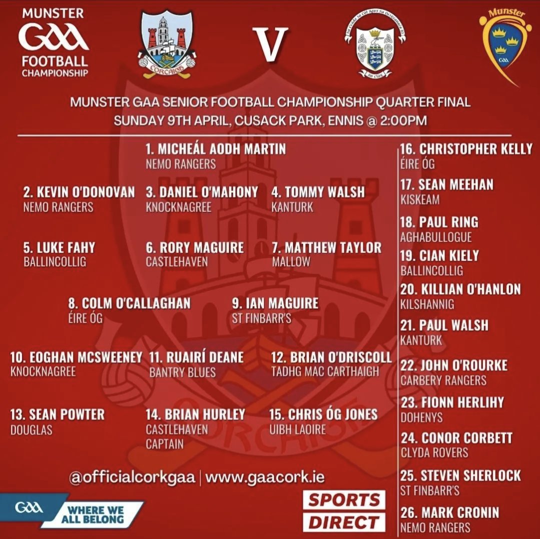 Best of luck to Colm O Callaghan, Chris Kelly, John Cleary, Barry Corkery and the Cork Senior Footballers who play Clare tomorrow at 2 in R1 of the Munster Football Championship. 🔴⚪ 🔴🟡#UpTheRebels