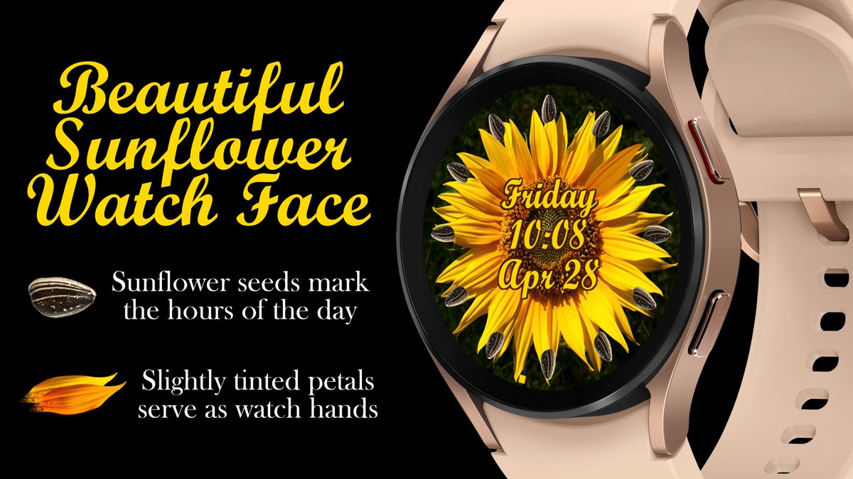 Robomuse's tweet image. This beautiful sunflower watch face has sunflower seeds as the hour markers and two slightly tinted sunflower petals serving as the watch hands. Available on Google Play at play.google.com/store/apps/det…