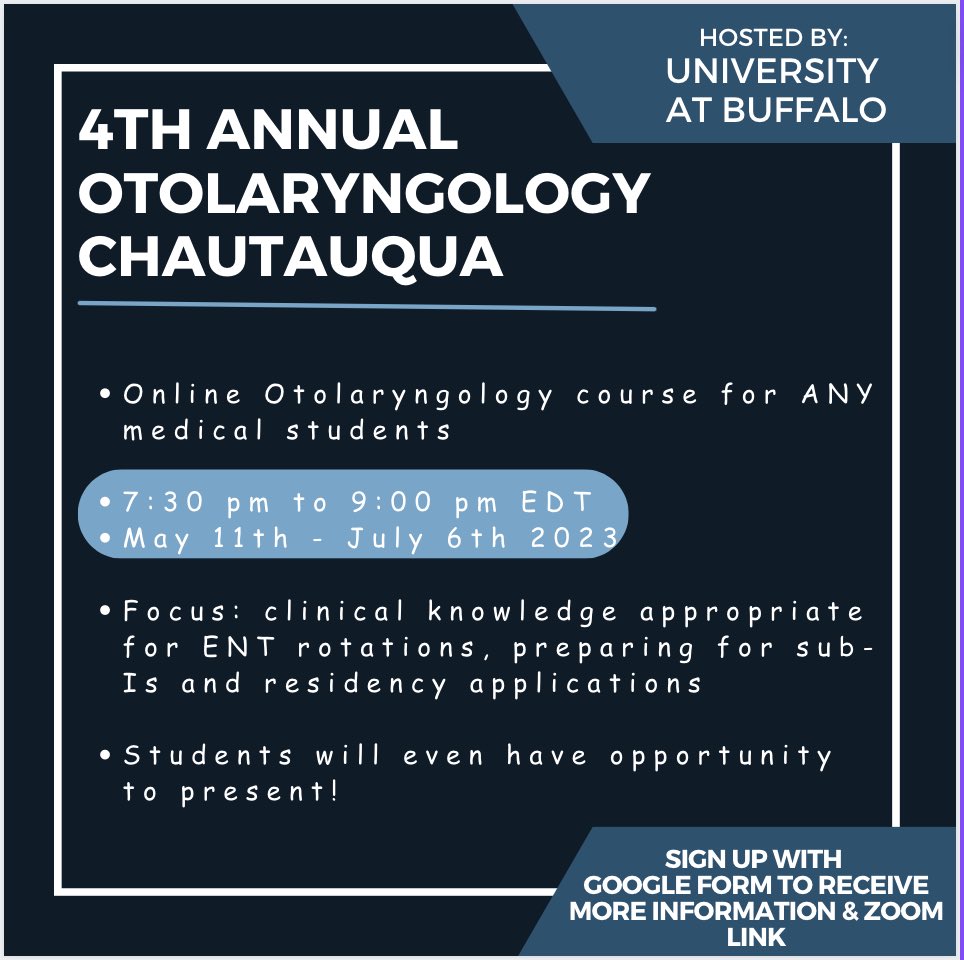 UnivBuffaloOto's tweet photo. We are holding our 4th Med student #otolaryngology virtual summer course starting in May! This’ll be fun and entertaining- some new speakers and some returnees…

Sign up at https://t.co/trxoyWsTIB

#otomatch2024 https://t.co/87FXmMHd66